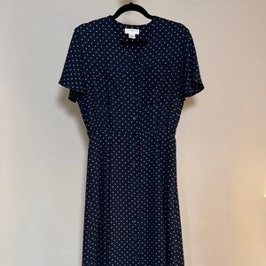 Liz Claiborne Navy and White Polka Dot Midi Dress, Size 8P
